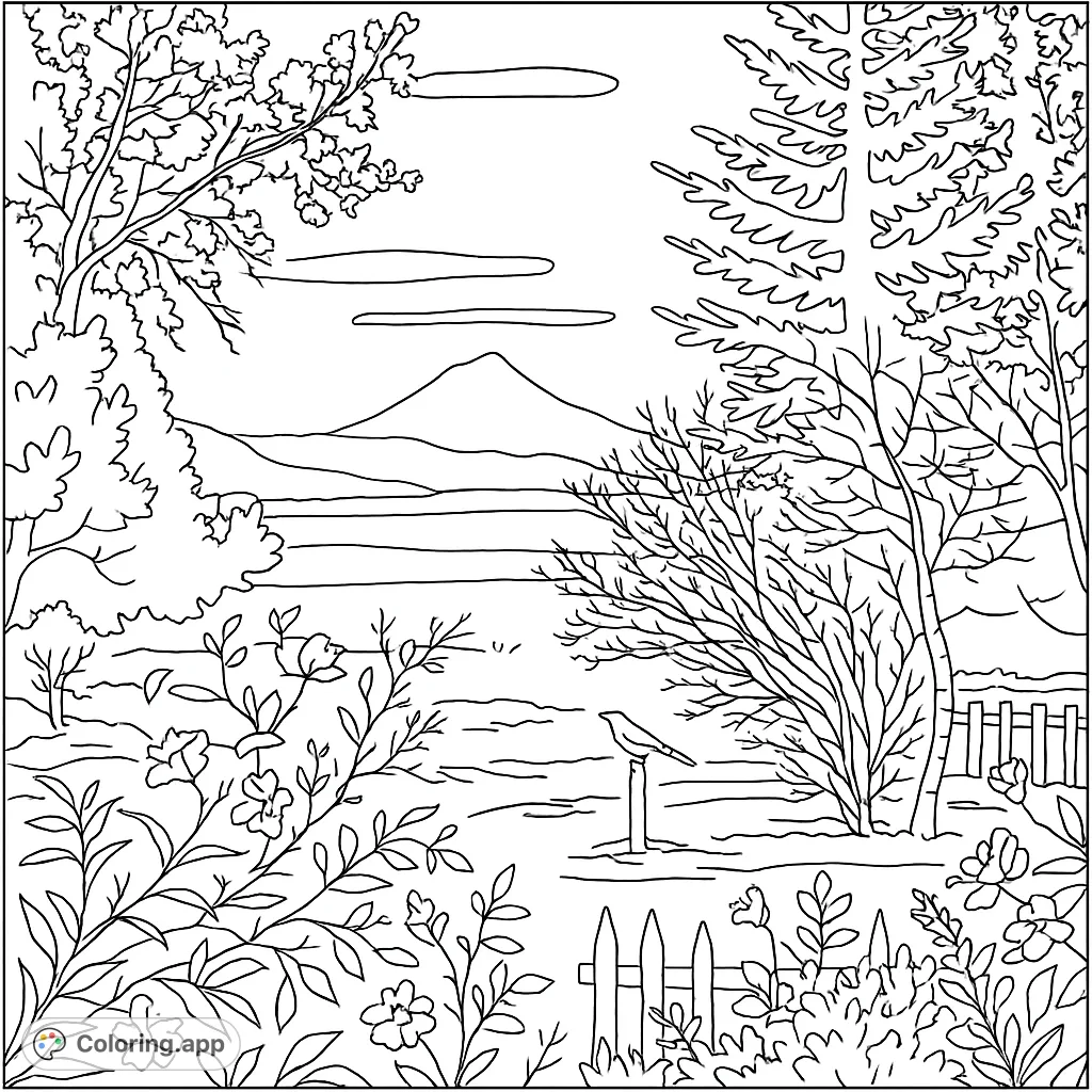 A majestic mountain peak framed by trees, overlooking a vast field, perfect for a serene nature coloring page.