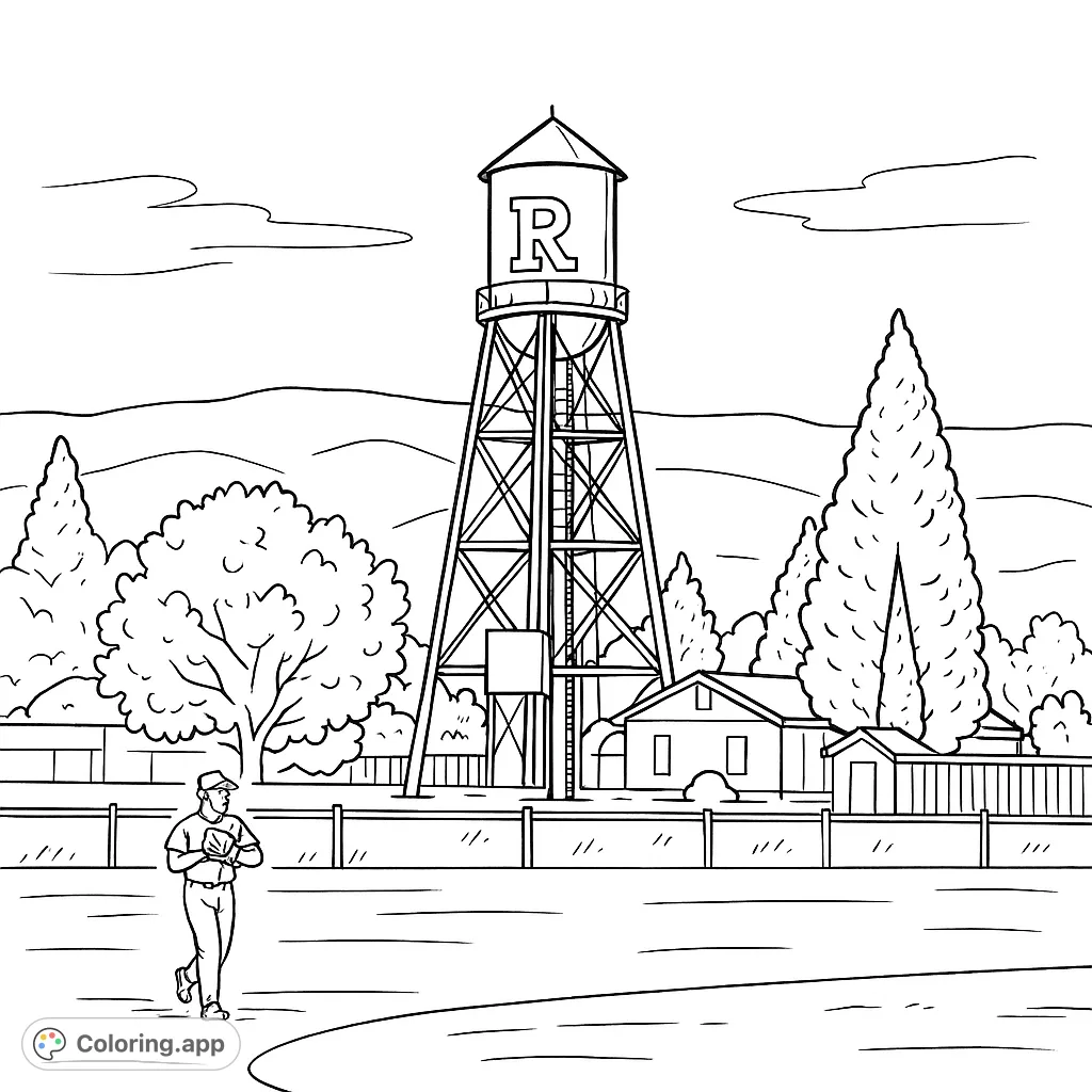 A dynamic scene featuring a runner on a field with a prominent water tower and distant mountains, perfect for sports and landscape enthusiasts.