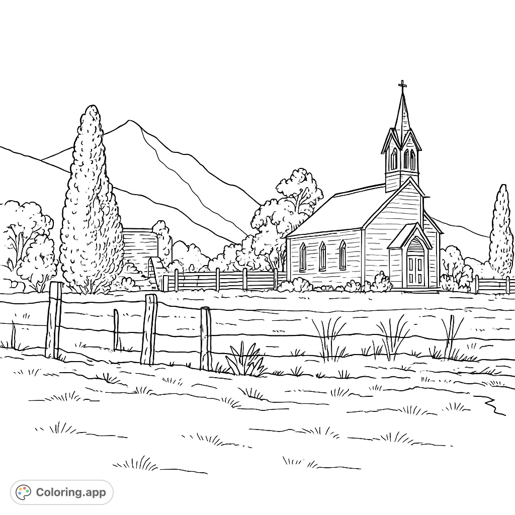 A charming rural church with a tall steeple, surrounded by rustic fences, lush trees, and distant mountains, perfect for detailed coloring.