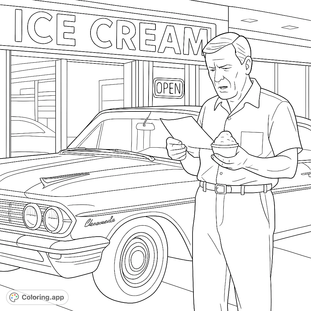 Step back in time with this vintage scene featuring a man, a classic car, and an ice cream shop. A delightful retro coloring experience.