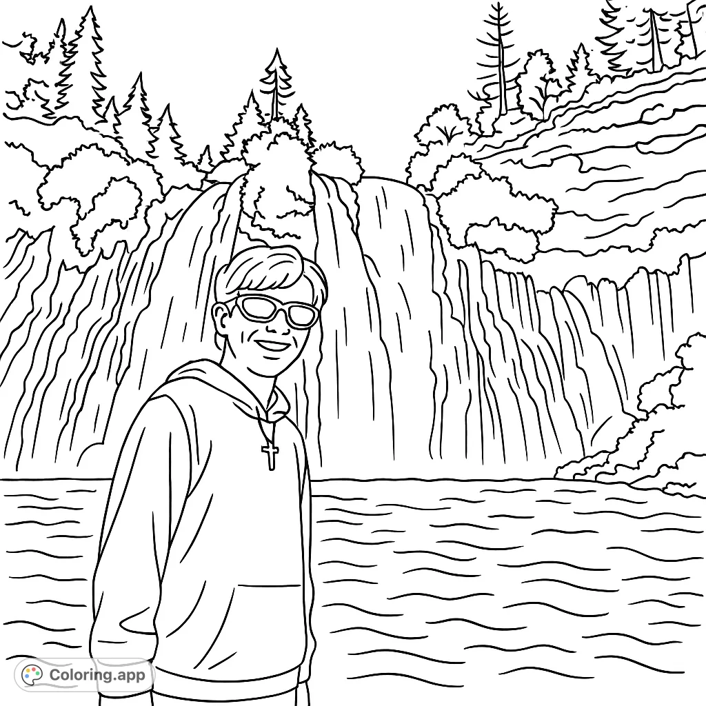 Explore a majestic waterfall scene featuring a person in sunglasses. This nature coloring page offers intricate water details and lush landscapes for a relaxing creative escape.