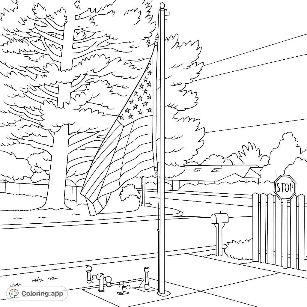 A majestic American flag waves proudly on a flagpole, set against a backdrop of lush trees and a quiet suburban street scene, perfect for patriotic coloring.