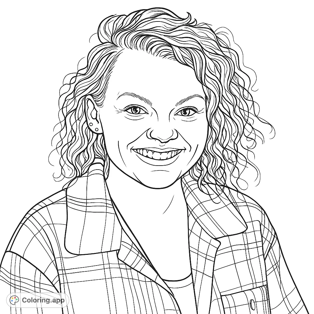 A delightful coloring page featuring a smiling woman with beautiful curly hair and a stylish plaid shirt, perfect for personalizing with your favorite colors.