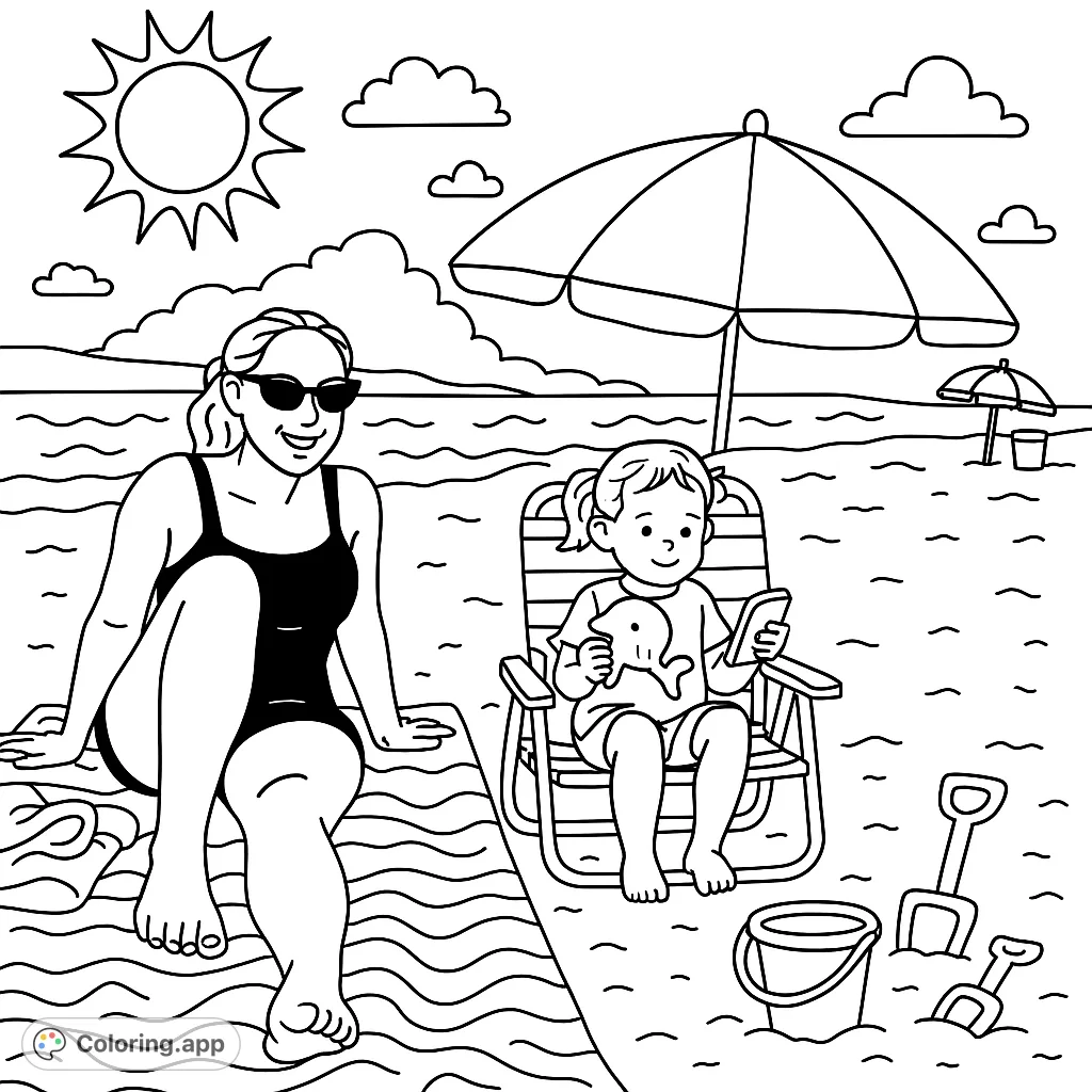 Enjoy a sunny beach day coloring page featuring a woman and child relaxing under an umbrella, with beach toys and a bright sun. Perfect for summer fun!