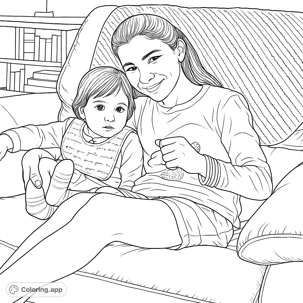 A heartwarming big sister and baby coloring page, perfect for celebrating family bonds. Features two children on a cozy couch, ready for your creative touch.
