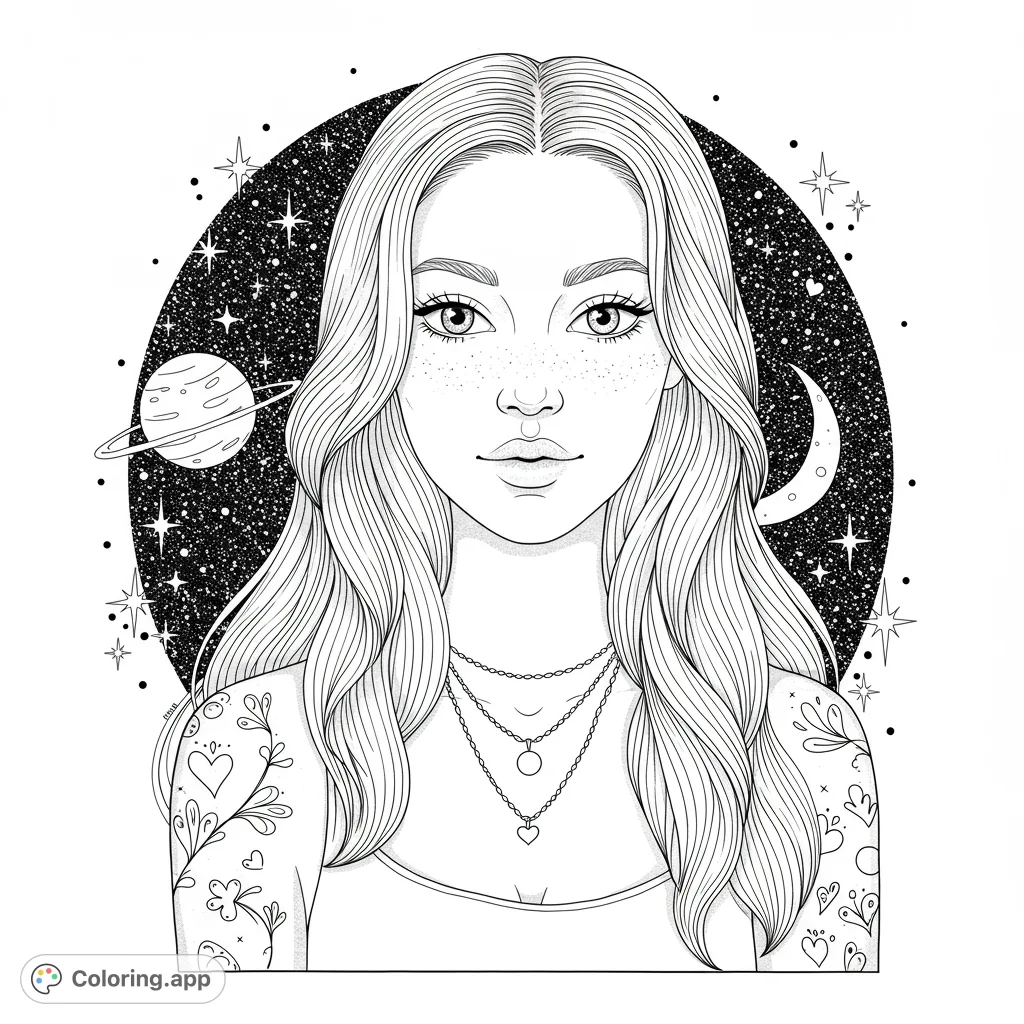 A serene woman's portrait with flowing hair, layered necklaces, and a subtle tattoo, set against a starry, polka-dotted background with decorative hearts.