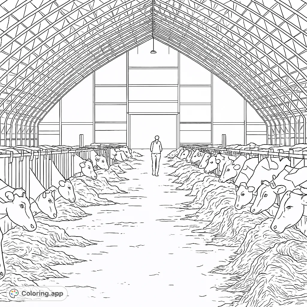 Color a bustling barn scene with rows of cows eating hay under a vast, arched roof structure. A person stands in the aisle.