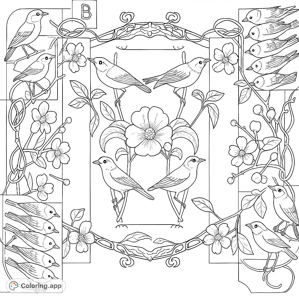 Discover a vintage ornithology coloring page featuring diverse birds, delicate flowers, and ornate scrollwork, perfect for nature lovers.