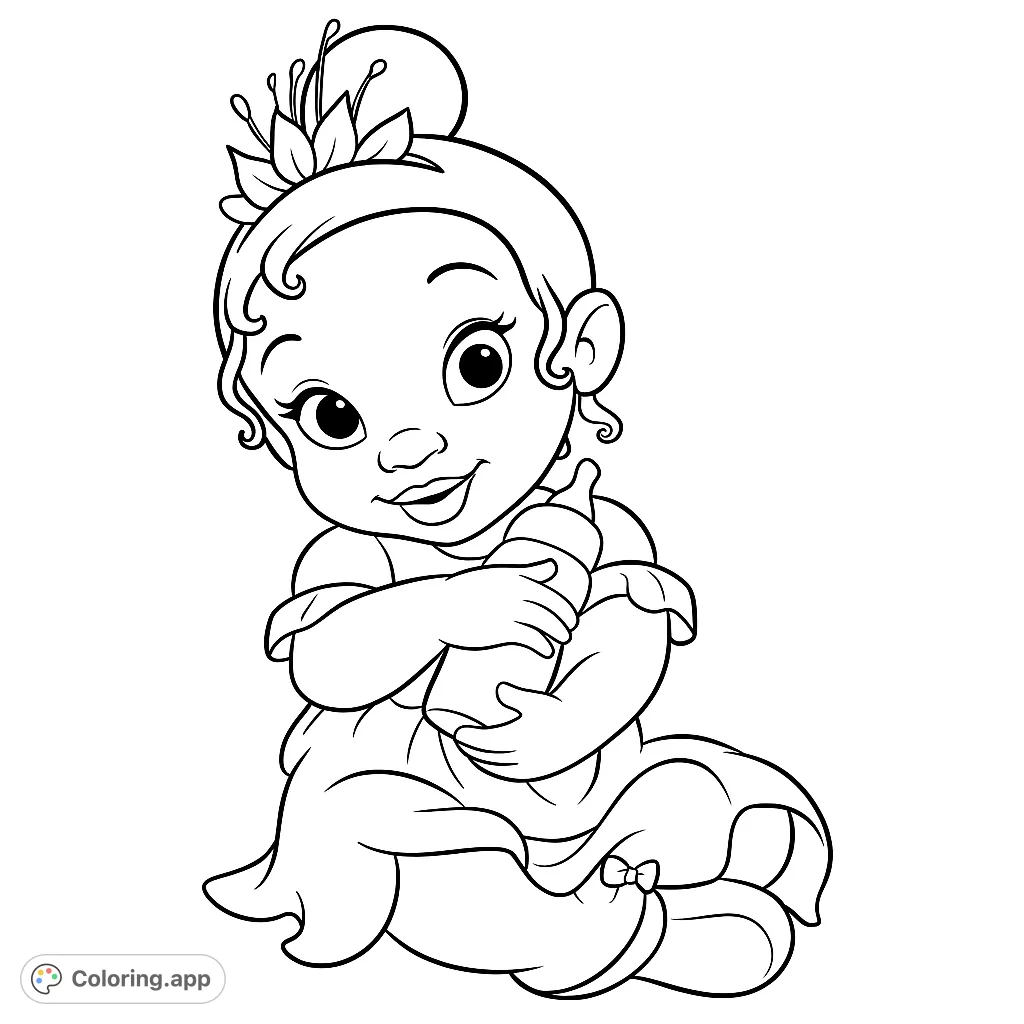 A charming baby princess, adorned with a floral crown, sits holding her bottle. Perfect for young colorists to bring this adorable scene to life!