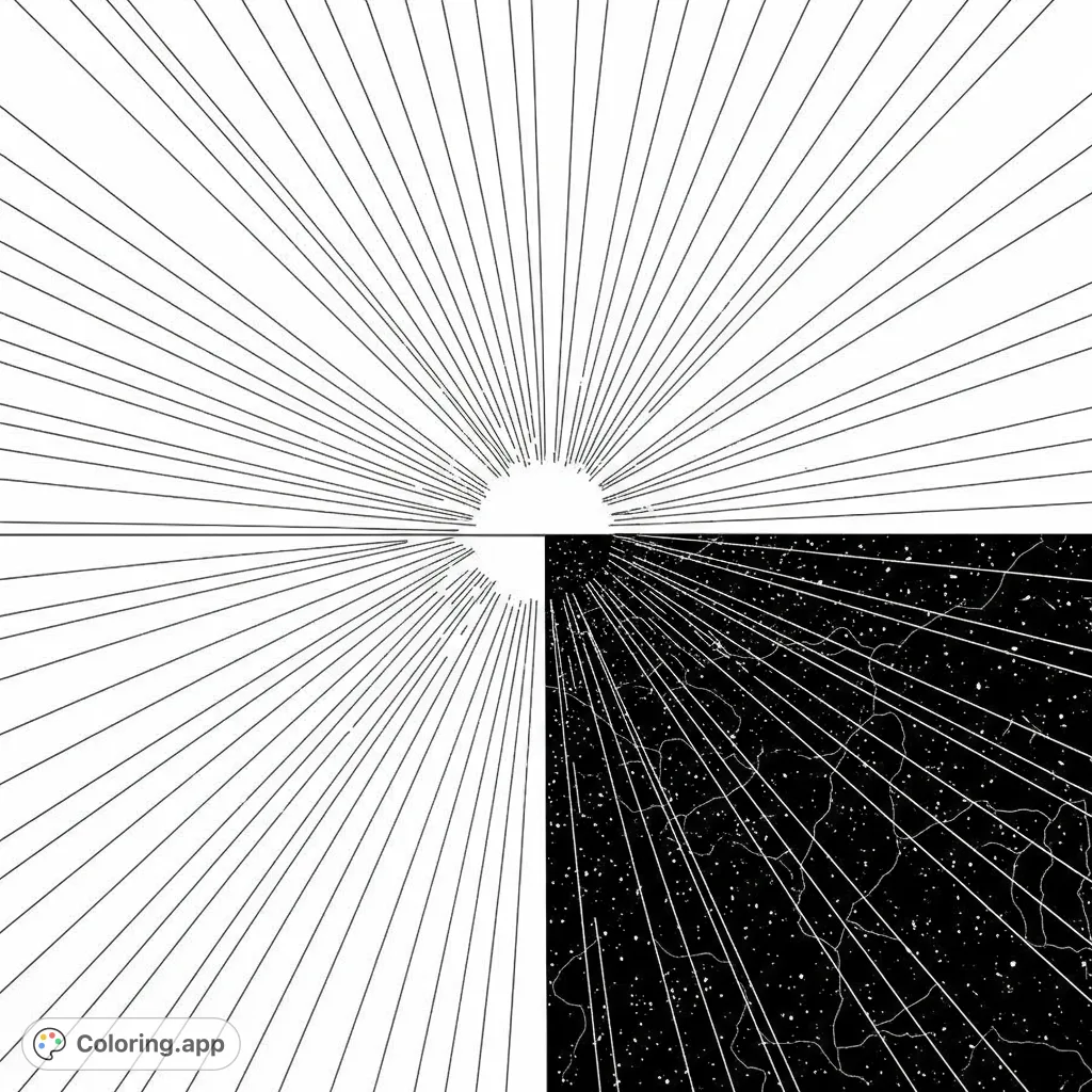 A captivating Genesis 1:1 coloring page depicting the dramatic separation of light and darkness with bold lines and distinct areas, perfect for all ages.