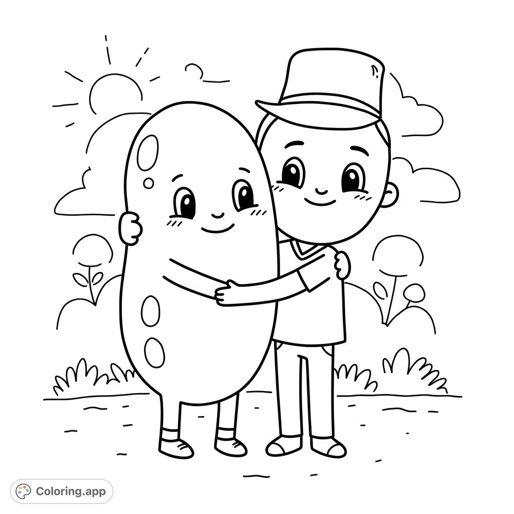 A heartwarming scene of a cheerful bean character giving a big hug to their friend Tumbó, perfect for a friendship coloring page.