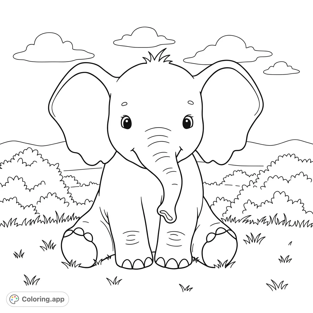 Discover an adorable baby elephant sitting peacefully in a grassy field. A delightful and charming free printable coloring page for all ages.