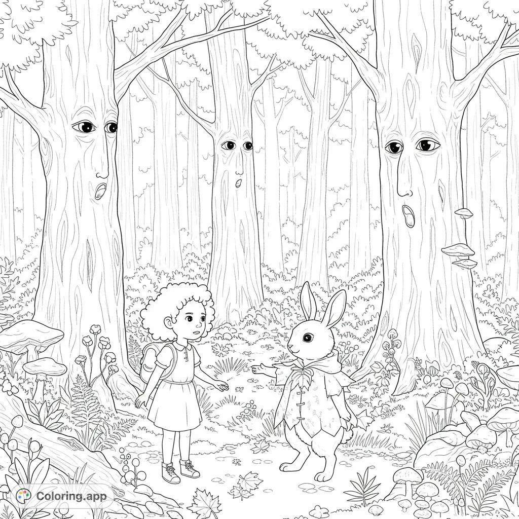 A magical enchanted forest coloring page featuring a lost girl, a guiding bunny in a maple leaf cloak, and wise trees with expressive eyes. Perfect for fantasy lovers!