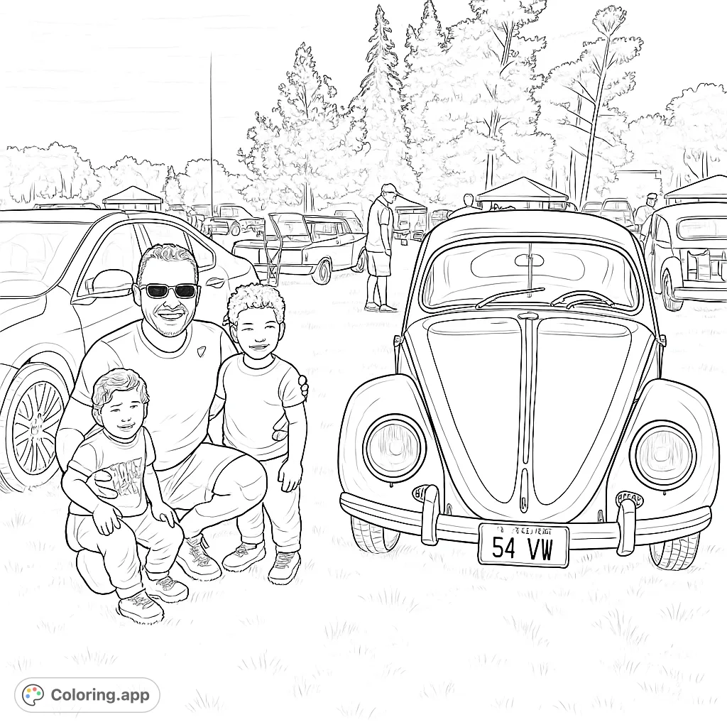 A family enjoys a classic car show featuring a vintage Volkswagen Beetle, set in a grassy field with trees and distant tents.