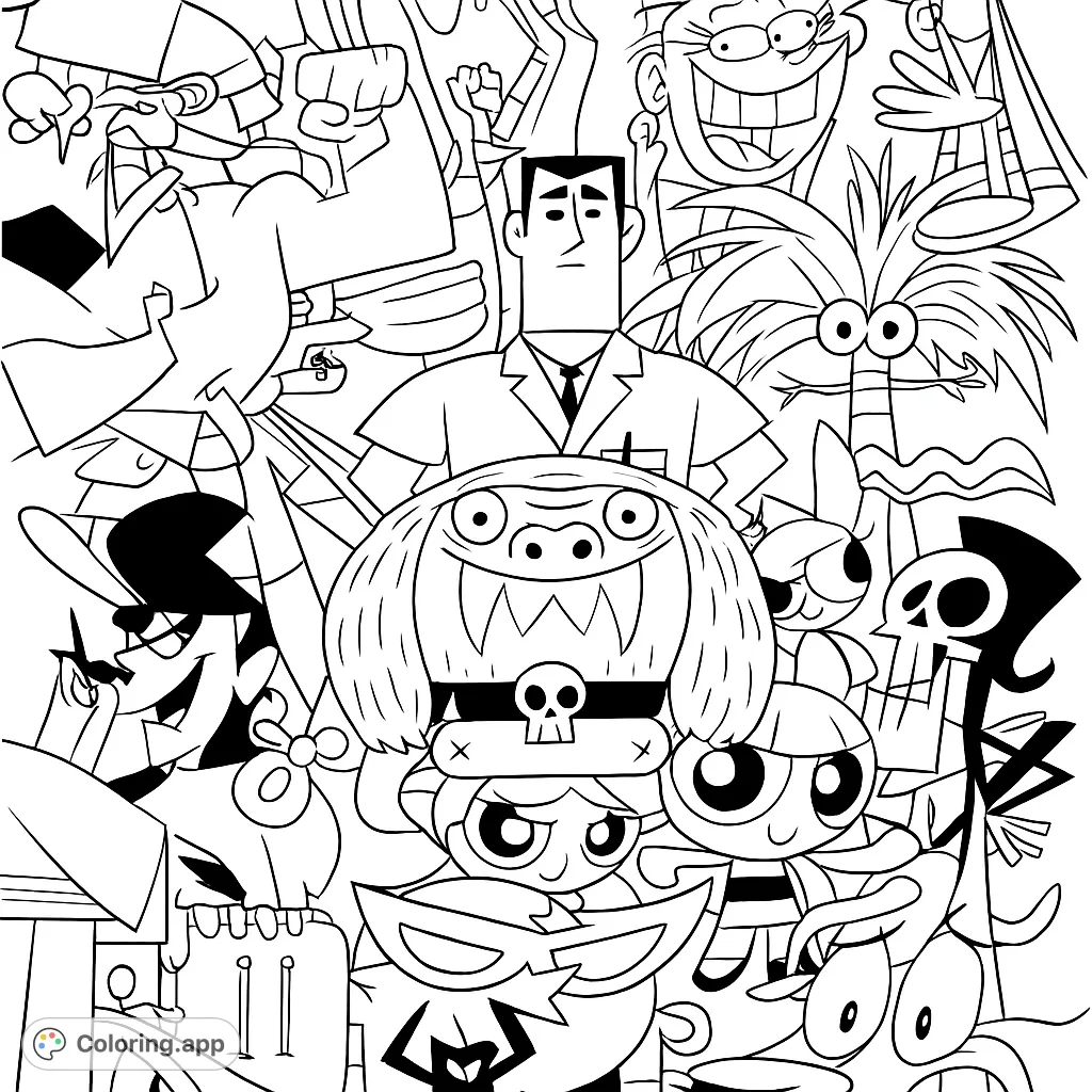 A vibrant collage of beloved classic cartoon characters, perfect for fans of animated adventures and nostalgic coloring fun. Free printable cartoon coloring page.