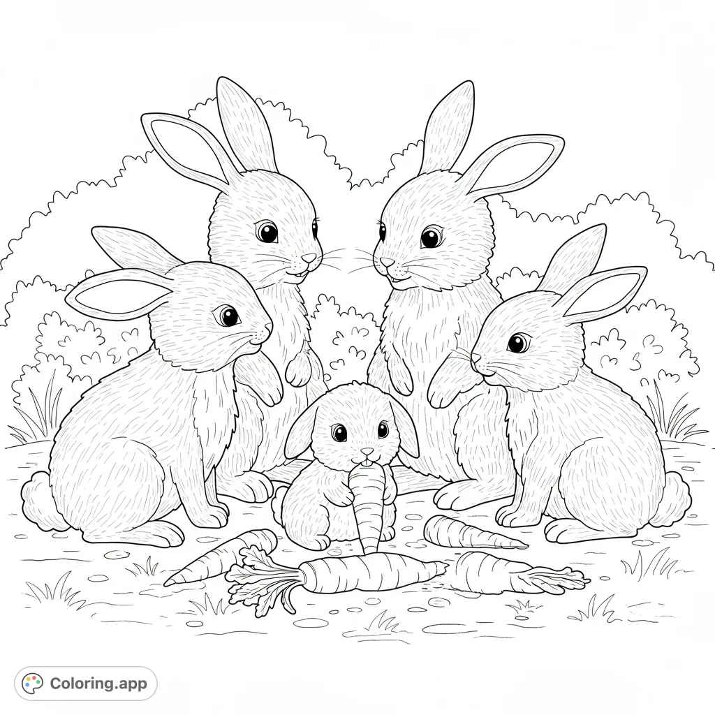 An adorable baby rabbit family enjoying fresh carrots, perfect for a charming animal coloring page. Free printable for all ages.