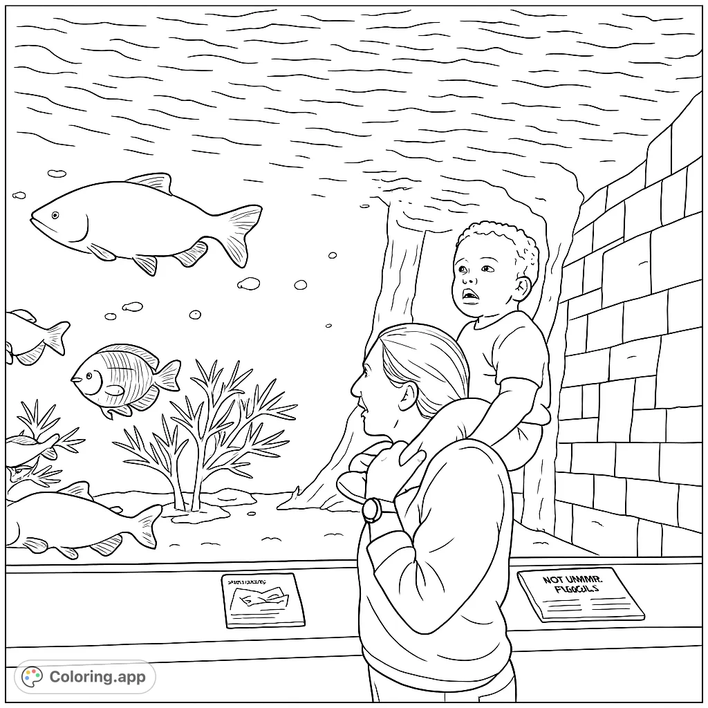 Explore an exciting aquarium scene with a child on shoulders, surrounded by large fish and aquatic plants. A fun, free printable coloring page!