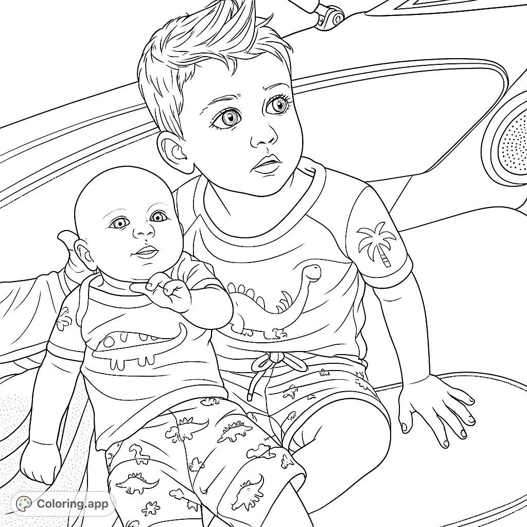 Two adorable brothers, one a toddler with spiky hair and an infant, enjoying a boat ride in their dinosaur-themed swimsuits. A charming scene for coloring.