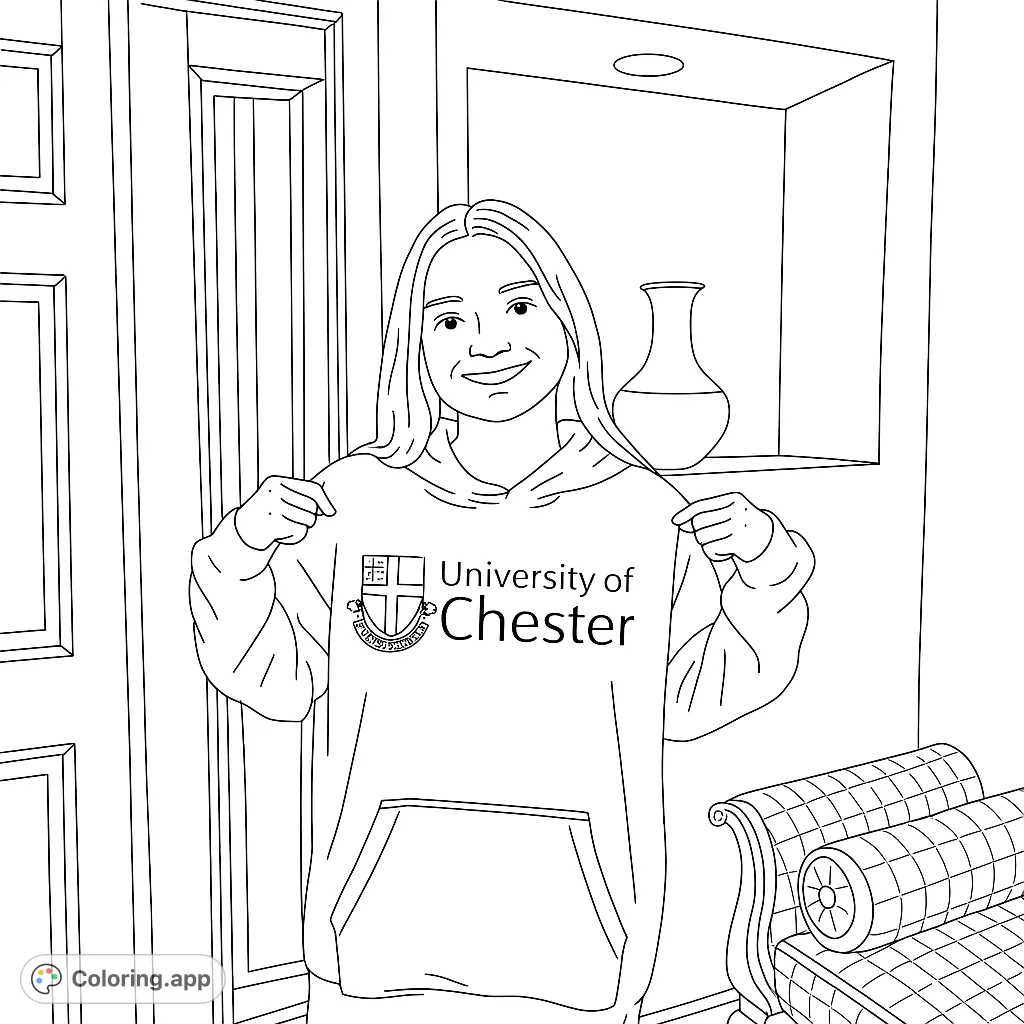 Celebrate academic achievement with this university student coloring page. Features a smiling student holding a large hoodie with a detailed university crest.