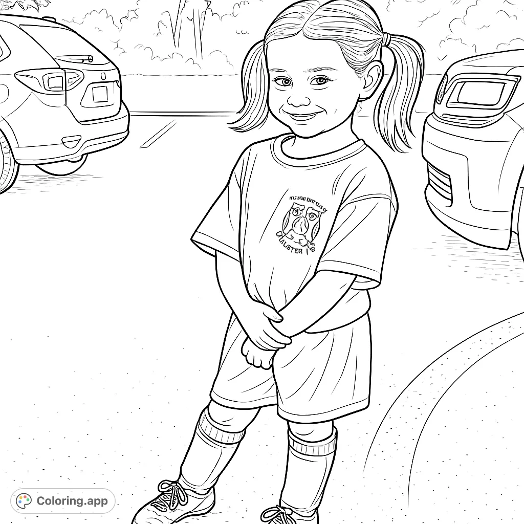 A smiling young girl in a soccer uniform stands in a parking lot, ready for play. Perfect for sports fans and aspiring athletes.