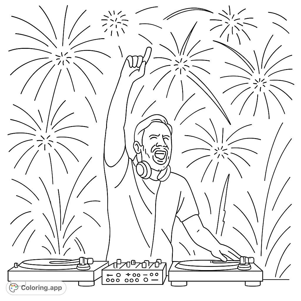 Get ready to color an energetic DJ spinning tracks amidst dazzling fireworks! A dynamic party scene perfect for music lovers and celebrations.