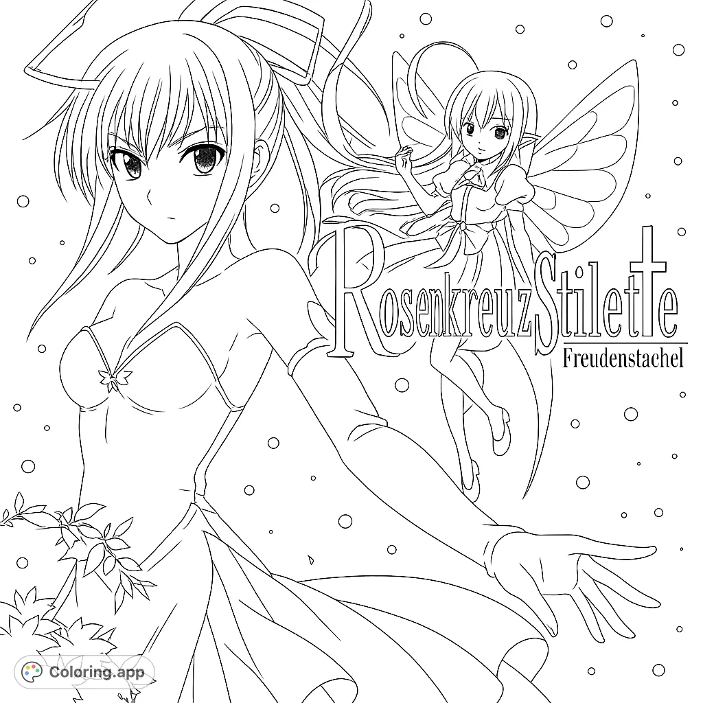 An enchanting anime girl and a delicate fairy float amidst a magical, sparkling background, perfect for fantasy coloring page enthusiasts.