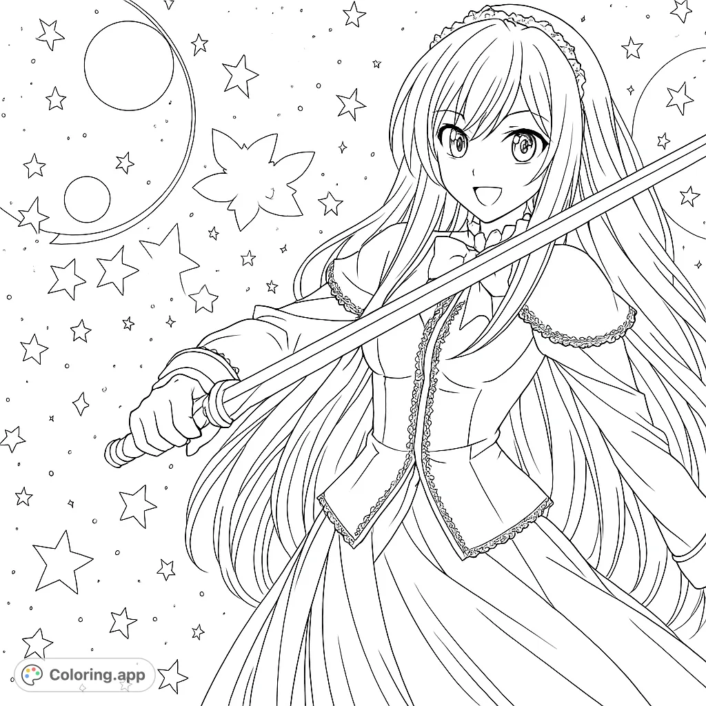 An enchanting anime girl with flowing hair and a sword, set against a background of glowing circles and scattered petals. A captivating fantasy coloring page.