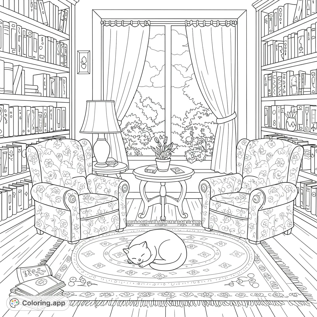 Immerse yourself in a cozy library interior with overflowing bookshelves, comfy armchairs, and a sleeping cat. A peaceful garden view awaits your colors.