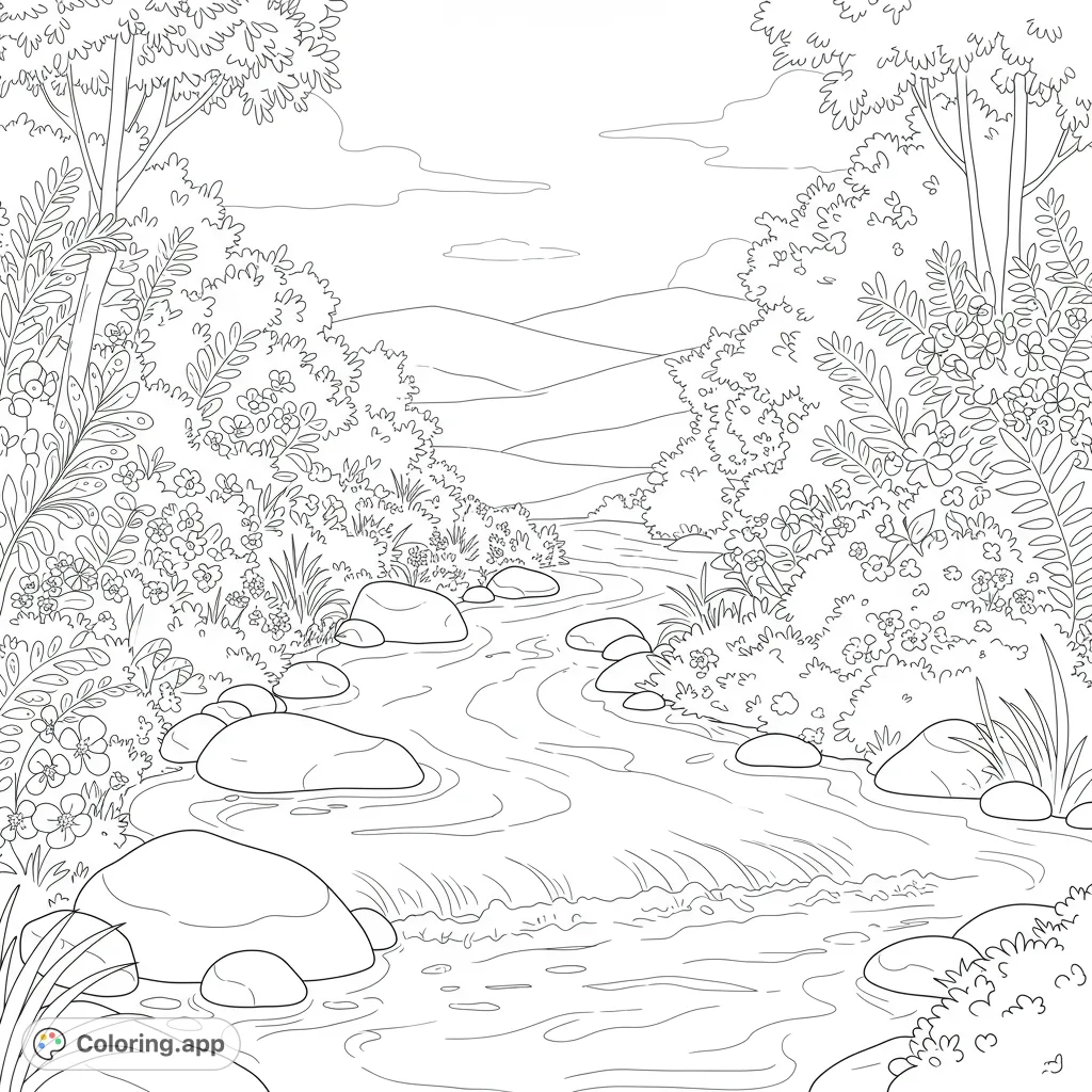 A serene nature coloring page featuring a gently flowing river, lush foliage, and blooming flowers, perfect for finding peace and positivity.