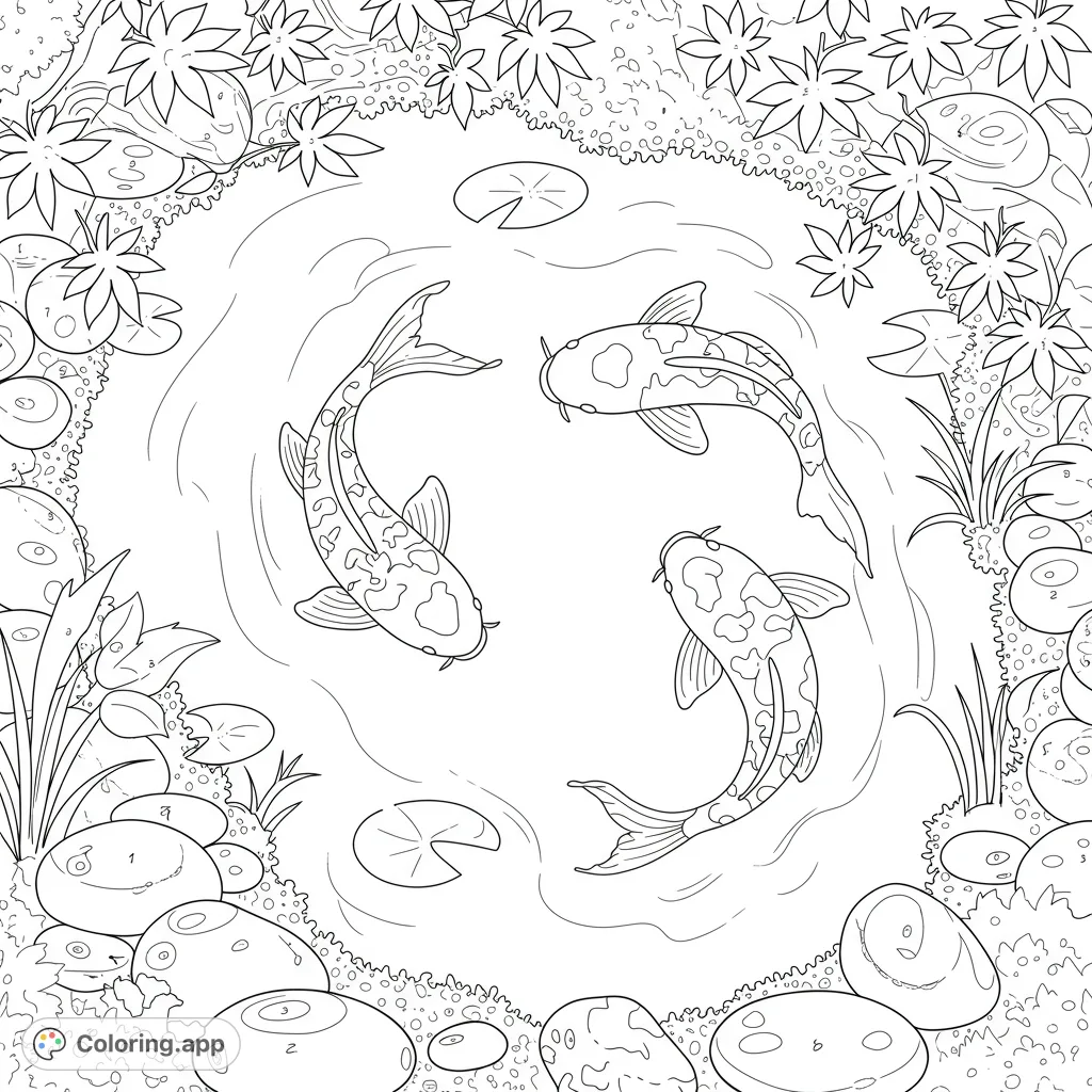 Discover a serene koi pond coloring page with graceful fish and delicate Japanese maple trees. A free printable coloring page for all ages.