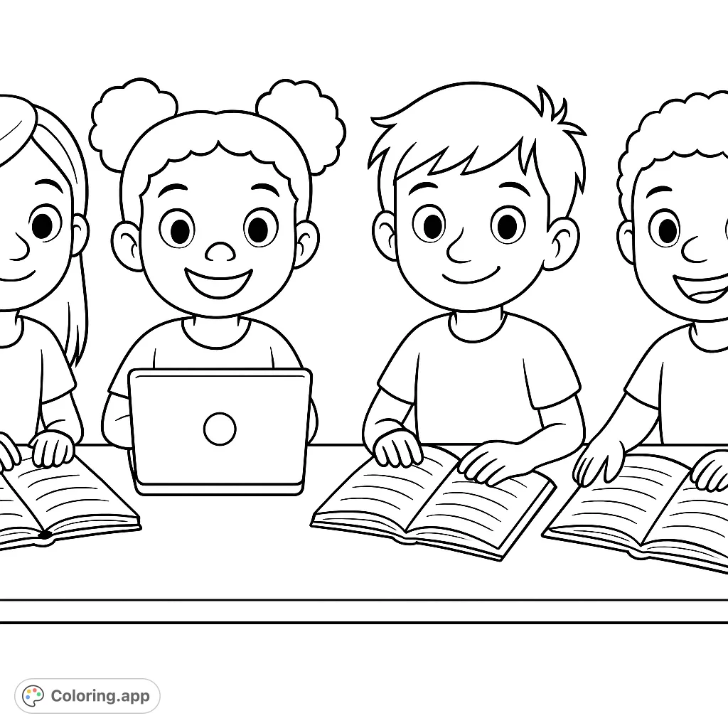A diverse group of four happy children studying together at a table with books and a laptop, perfect for a kids learning coloring page.