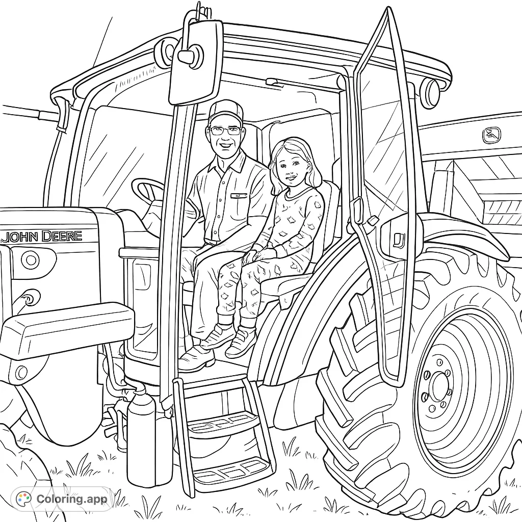 A heartwarming farm tractor coloring page featuring a man and a girl in a detailed green tractor, perfect for a fun farm adventure.