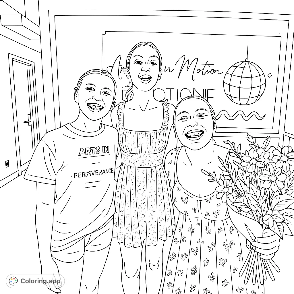 Three joyful friends pose with a vibrant flower bouquet and a fun disco ball backdrop, ready for a creative coloring adventure. Perfect for all ages!