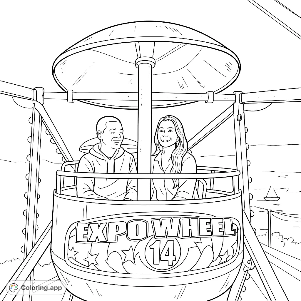 Experience the joy of a carnival night! Color a couple enjoying a Ferris wheel ride with distant lights and a festive atmosphere.