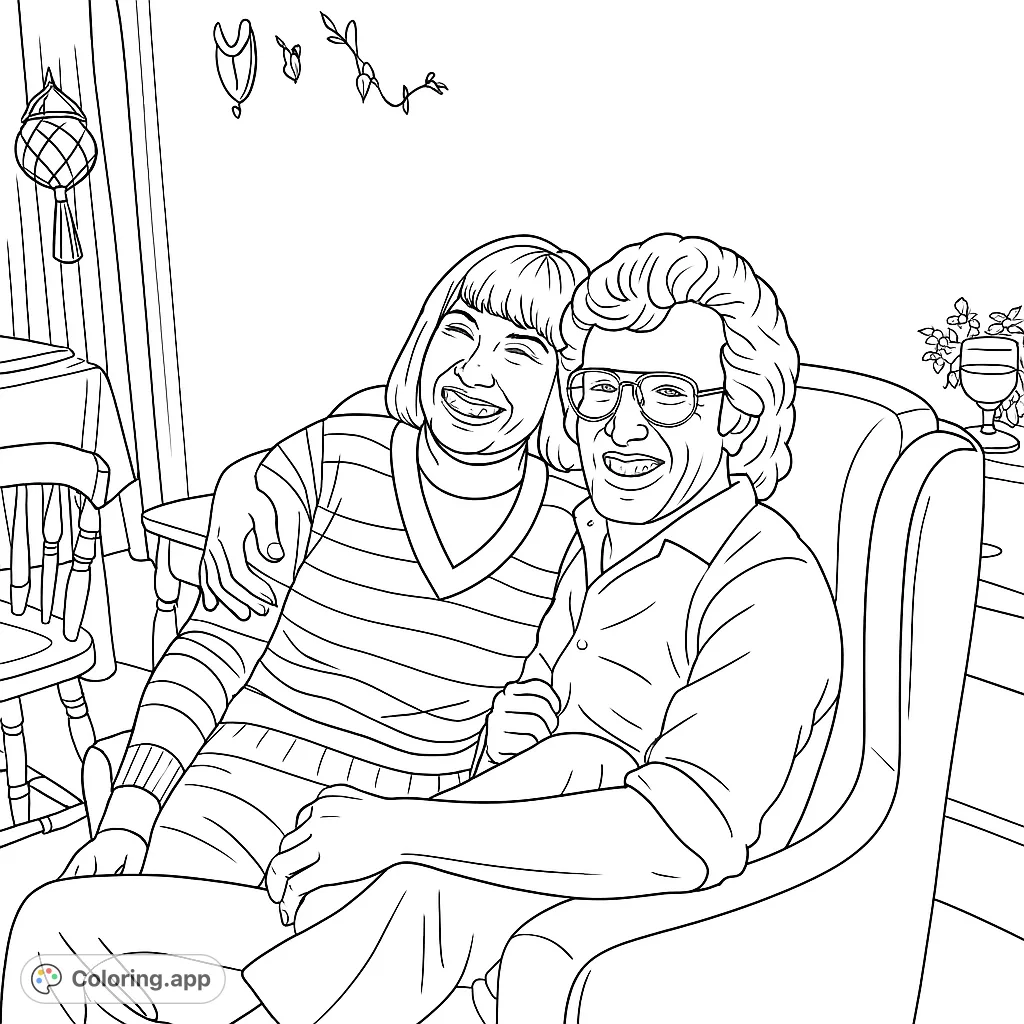 A heartwarming coloring page featuring a smiling couple embracing in a cozy armchair, perfect for celebrating love and connection. Capture their joy!