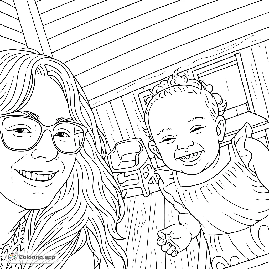 A heartwarming scene of a smiling woman and a joyful child, perfect for a family coloring page. Capture their happy expressions and the cozy background.