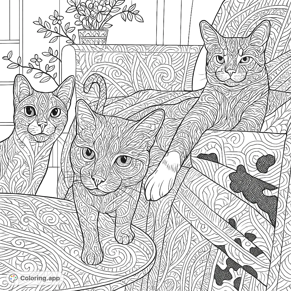 An intricate cat coloring page featuring three adorable feline companions in a cozy living room, perfect for cat lovers.
