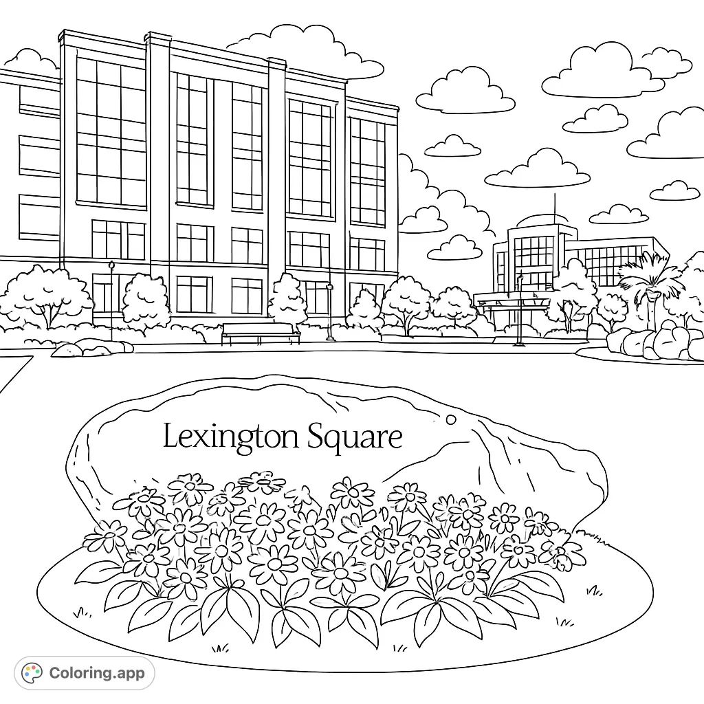 Explore a modern campus landscape featuring a grand building, lush lawns, and detailed foliage. A relaxing urban scene for all ages.