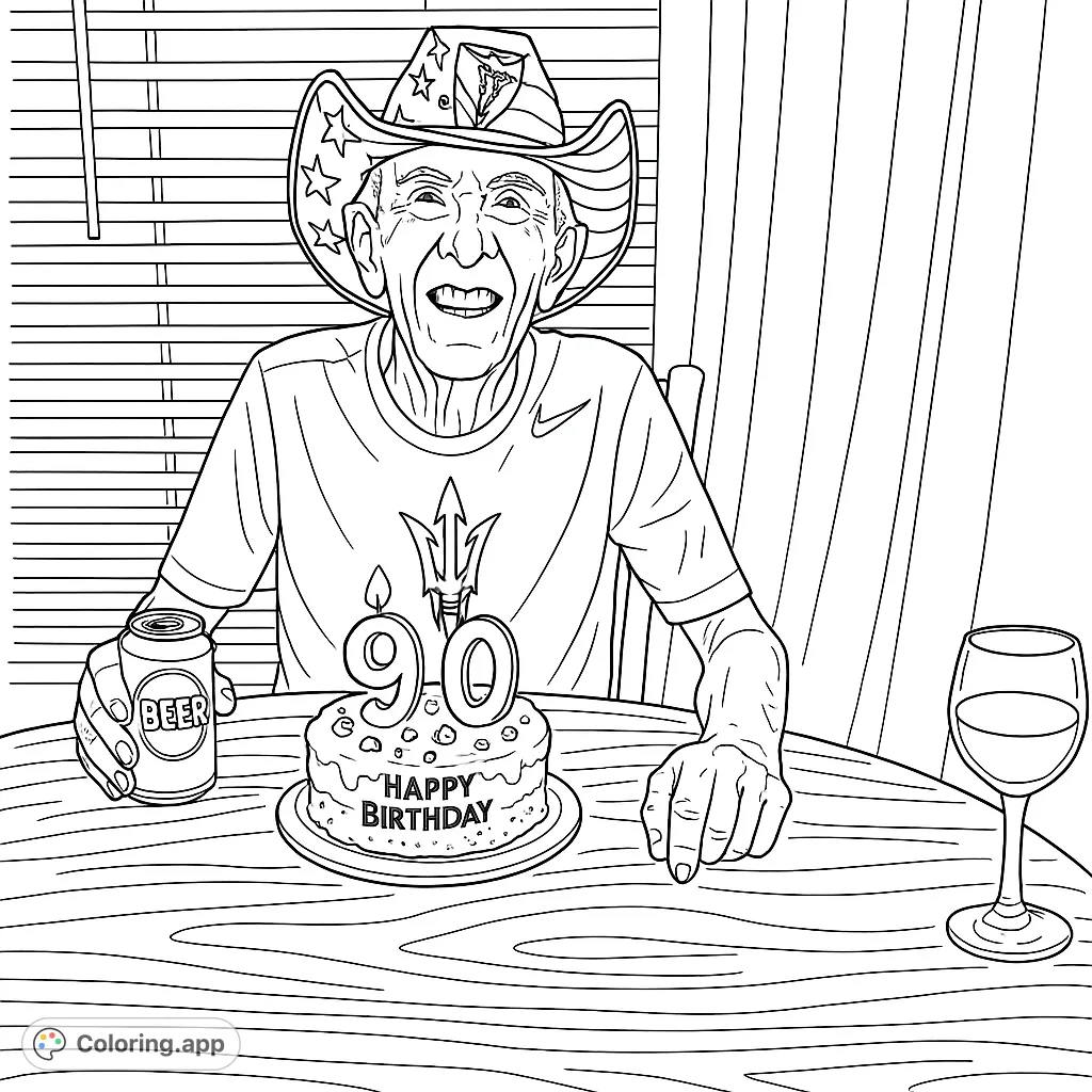 Celebrate a special birthday with this detailed coloring page featuring an elderly man, a festive cake, and party elements. Perfect for all ages.