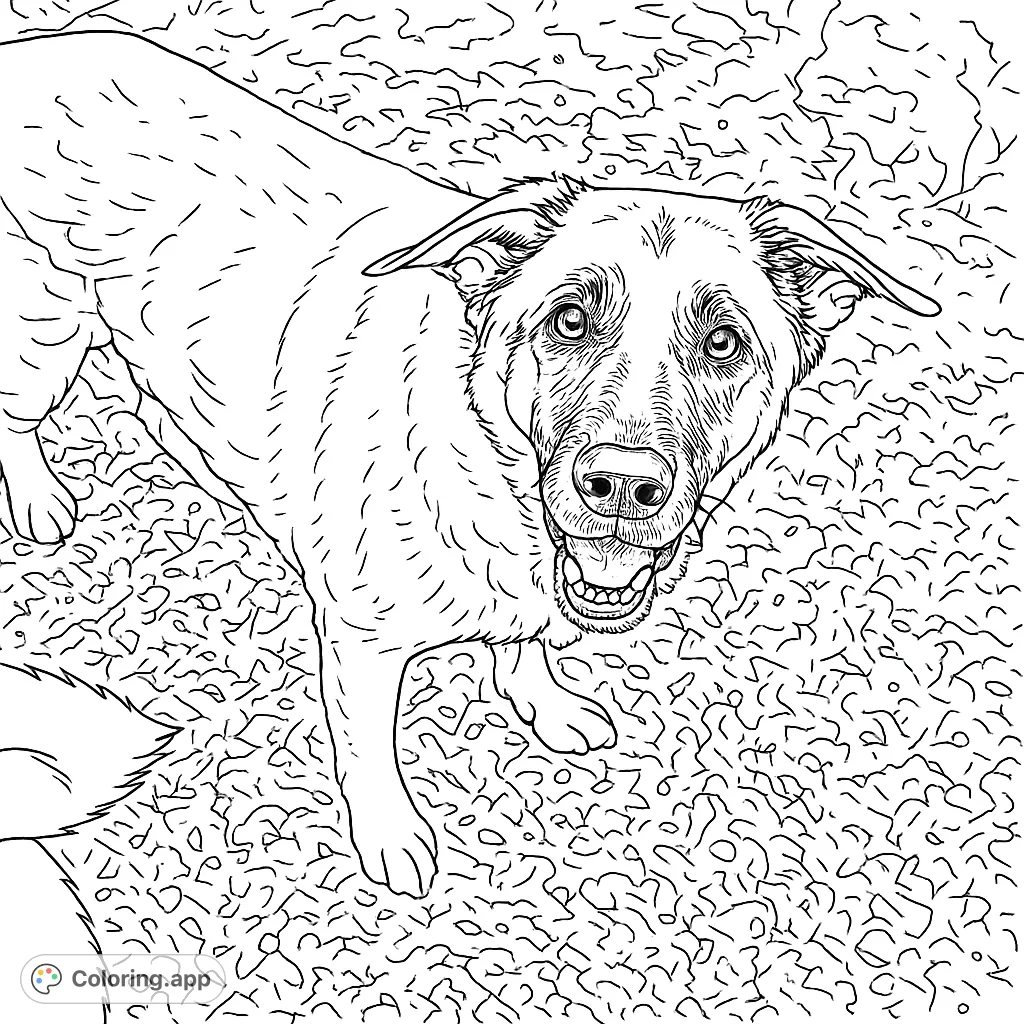 A heartwarming dog coloring page featuring a friendly canine with expressive eyes and textured fur, set against a natural, earthy background.