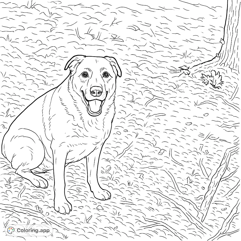 A friendly dog sits happily on a textured forest floor with moss and twigs, ready for vibrant colors. Perfect for dog lovers!