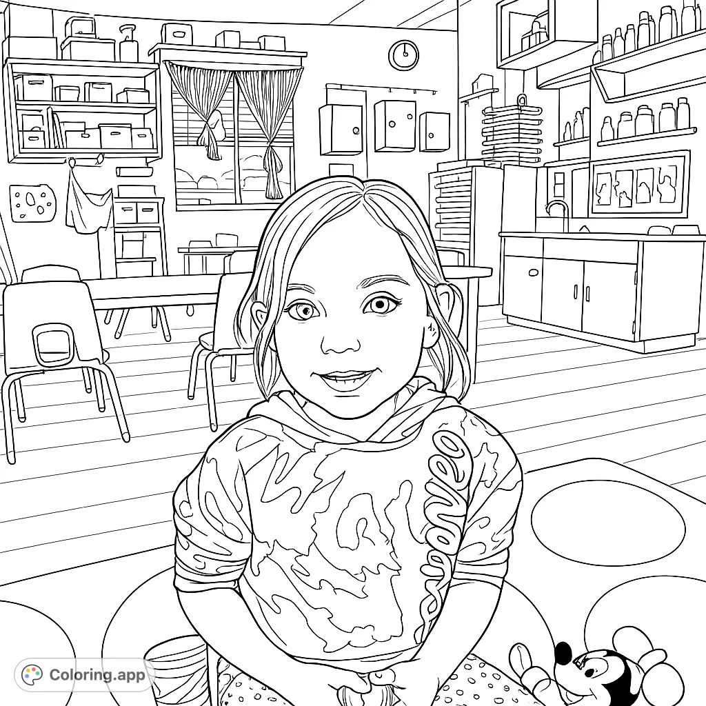A happy child sits on a colorful rug in a playroom, holding a toy, with a Luigi plush nearby. Perfect for kids to color!