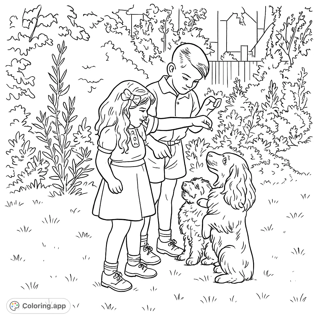 A heartwarming children and dogs coloring page featuring two kids playing with their furry friends in a lively backyard scene, perfect for all ages.
