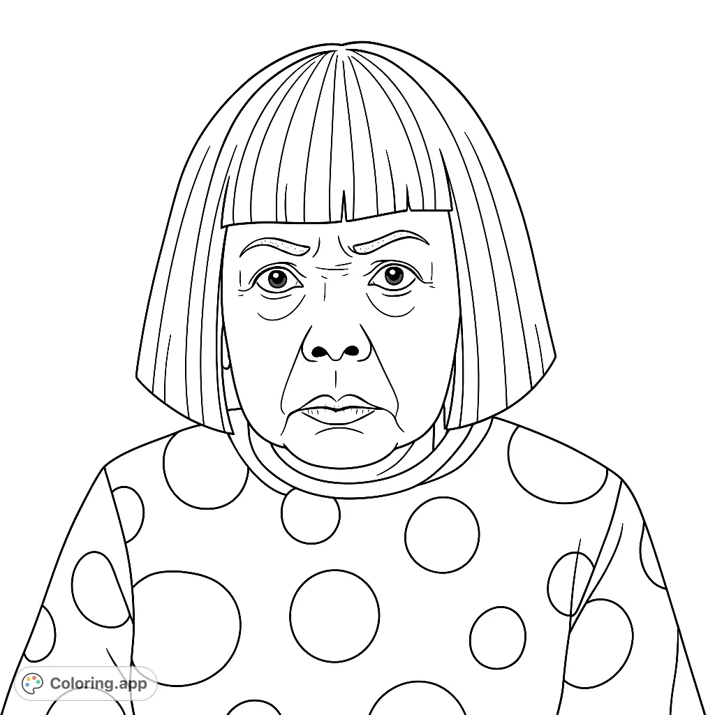 A striking artistic portrait featuring a person with a bold bob wig and a polka dot shirt, offering a unique and expressive coloring experience.