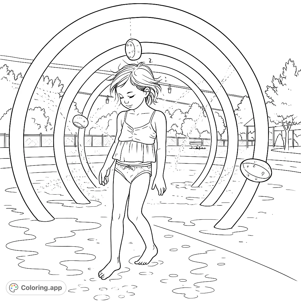 A joyful girl enjoys a splash pad with arched water sprinklers. Perfect for summer fun and imaginative coloring.