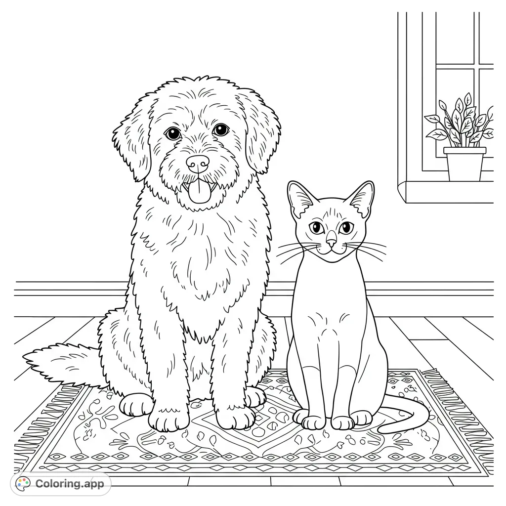 A charming black and white line drawing of a friendly dog and cat, perfect for a relaxing coloring experience. Features clear lines and inviting spaces.