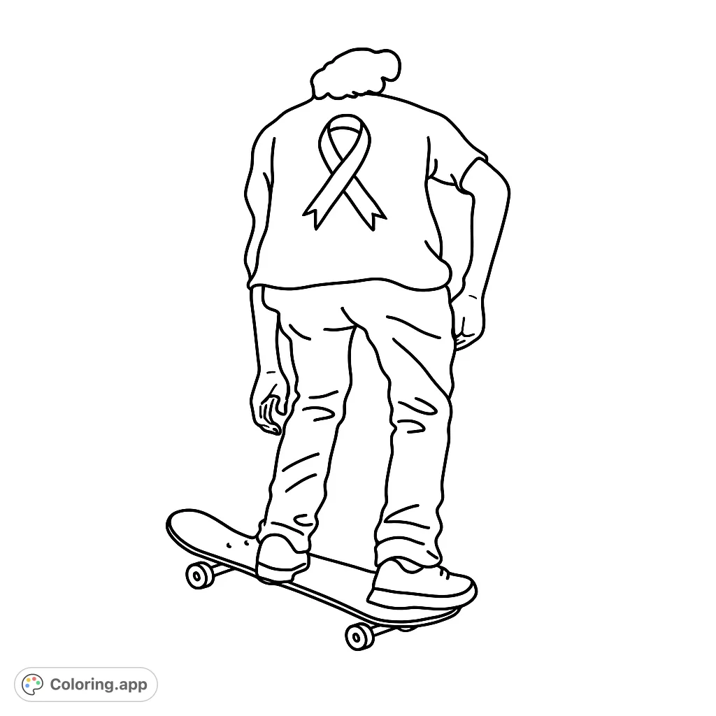 A dynamic skateboarder from behind, featuring a prominent awareness ribbon on their shirt. Perfect for a meaningful coloring experience.