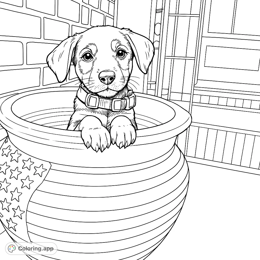 A charming puppy peeks from a patriotic pot, ready for vibrant colors. A delightful puppy coloring page for all ages.
