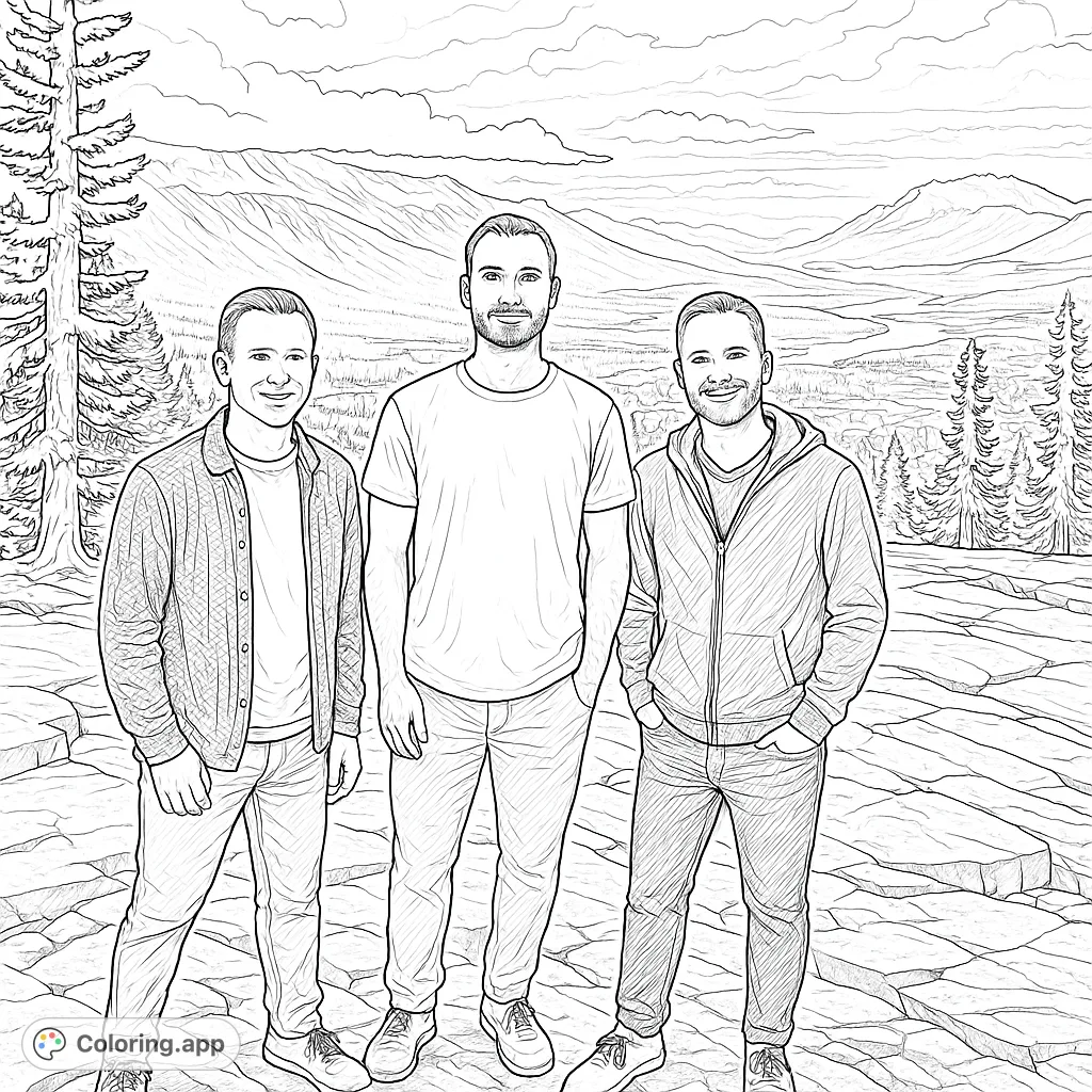Capture the joy of friendship on a mountain peak! This realistic coloring page features three men amidst a stunning, detailed landscape, perfect for nature lovers.
