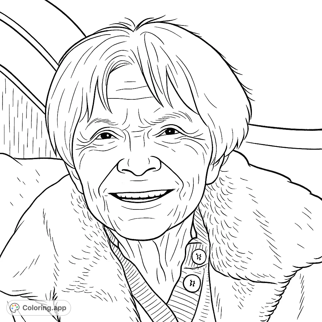 A heartwarming portrait of a smiling elder, perfect for a thoughtful coloring experience. Features a kind face and textured clothing.